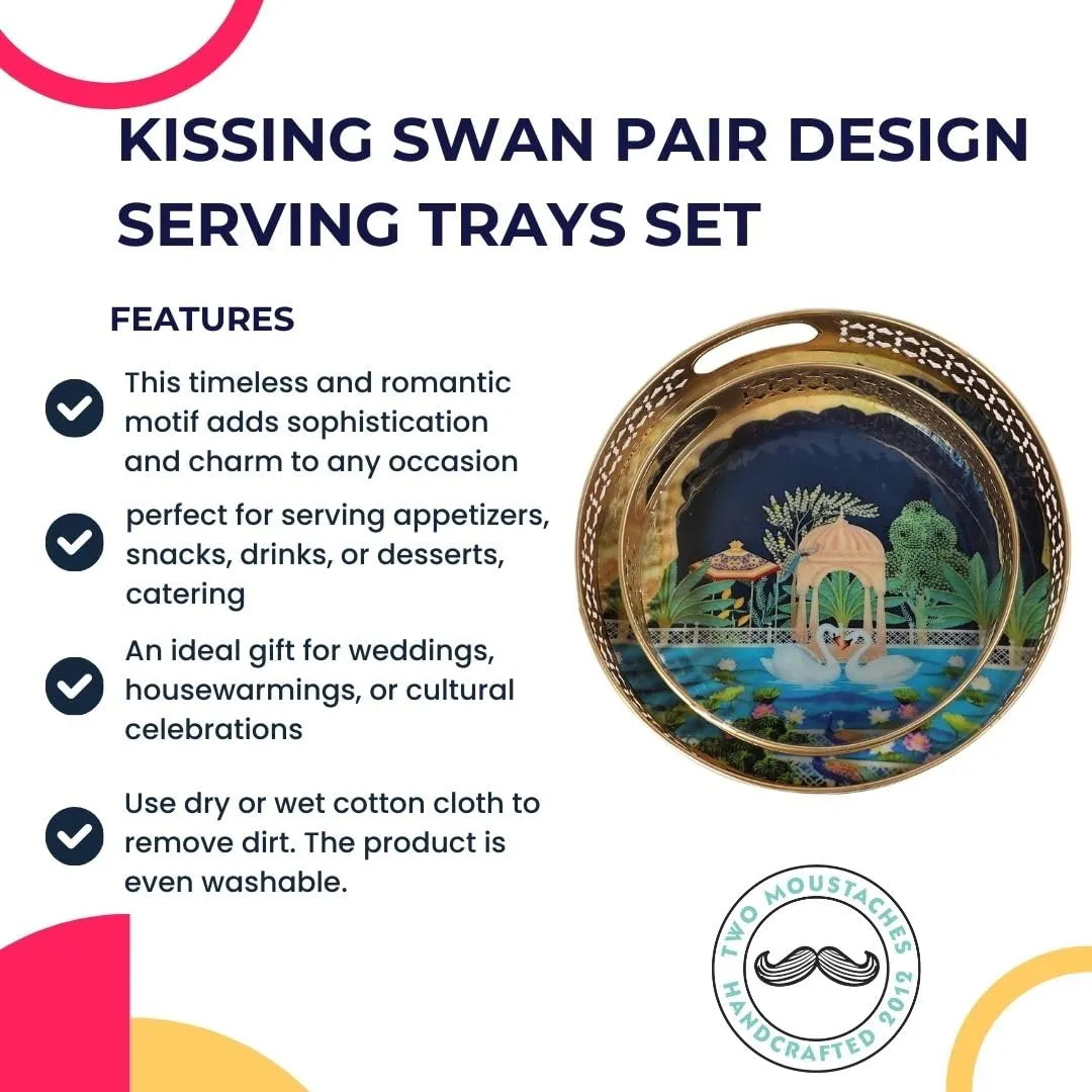 Two Moustaches Luxurious Kissing Swan Pair Design Serving Trays Set (8 Inches & 10 Inches), Serving Plates for Home, Platters for Tea/Fruits/Snacks, Pichwai Tray for Diwali, Multicolored, Pack of 2
