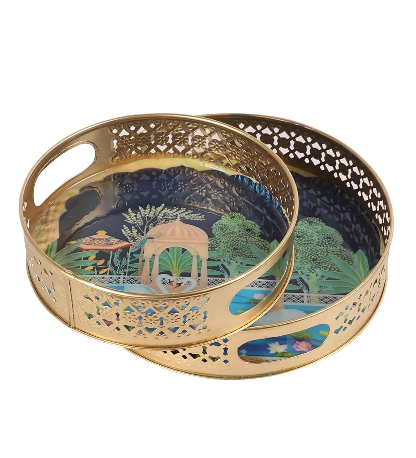 Two Moustaches Luxurious Kissing Swan Pair Design Serving Trays Set (8 Inches & 10 Inches), Serving Plates for Home, Platters for Tea/Fruits/Snacks, Pichwai Tray for Diwali, Multicolored, Pack of 2
