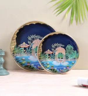 Two Moustaches Luxurious Kissing Swan Pair Design Serving Trays Set (8 Inches & 10 Inches), Serving Plates for Home, Platters for Tea/Fruits/Snacks, Pichwai Tray for Diwali, Multicolored, Pack of 2