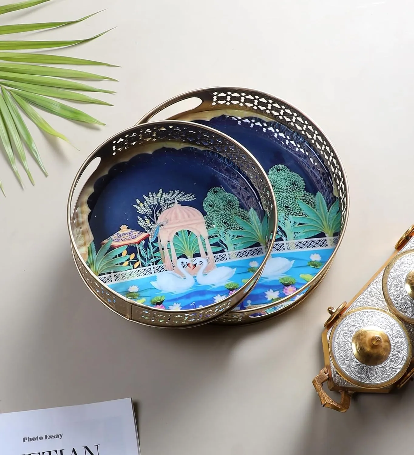 Two Moustaches Luxurious Kissing Swan Pair Design Serving Trays Set (8 Inches & 10 Inches), Serving Plates for Home, Platters for Tea/Fruits/Snacks, Pichwai Tray for Diwali, Multicolored, Pack of 2