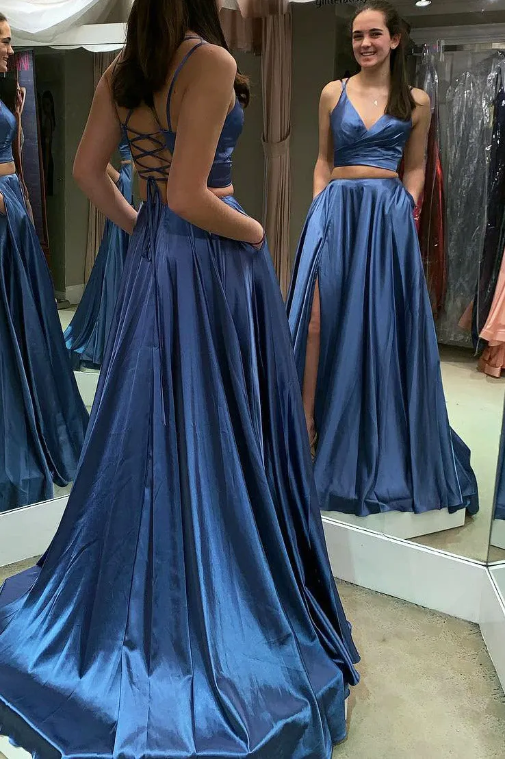 Two Piece Lace Up Blue Long Prom Dresses with Slit OKM2