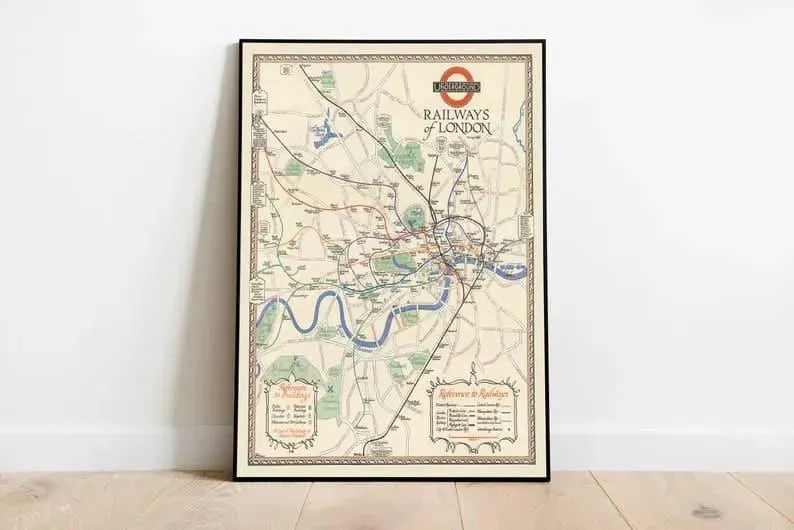 Underground Railways of London Map Print from 1928| Vintage Transportation Map Prints