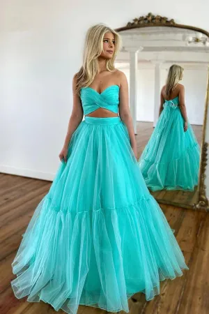 Unique Off Shoulder A-line Mint Green Tulle Prom Long party dress TP1237