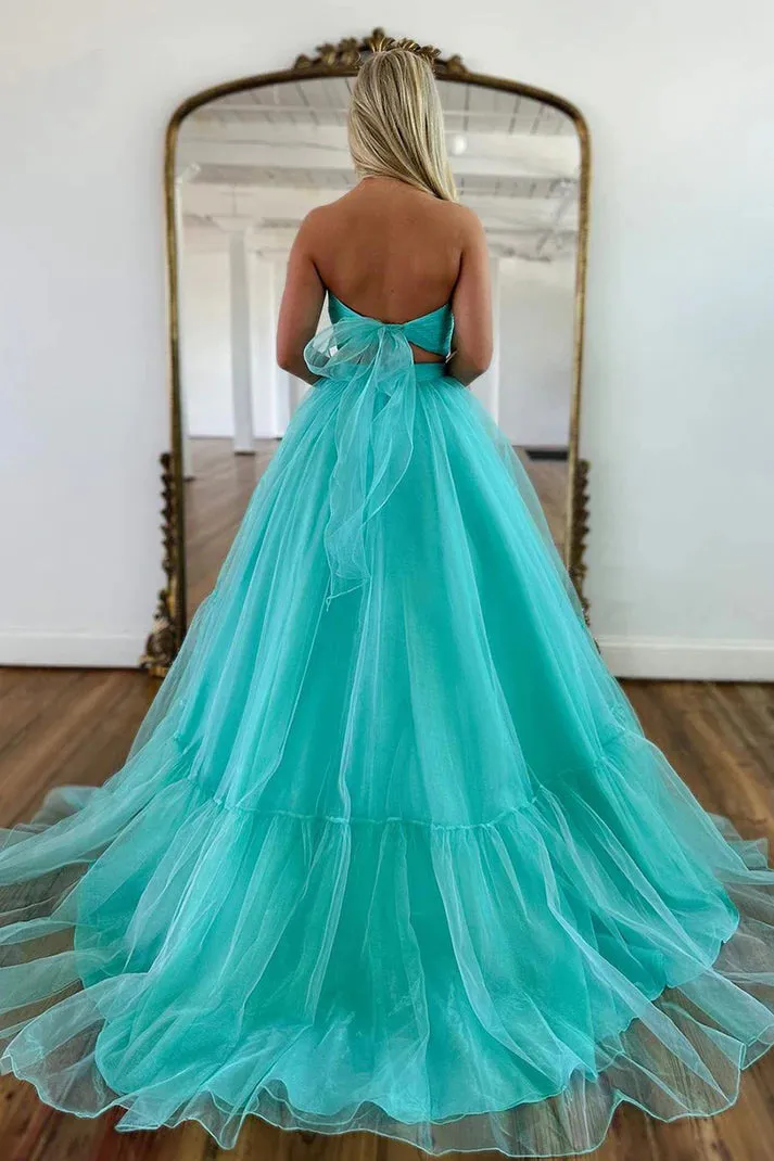 Unique Off Shoulder A-line Mint Green Tulle Prom Long party dress TP1237