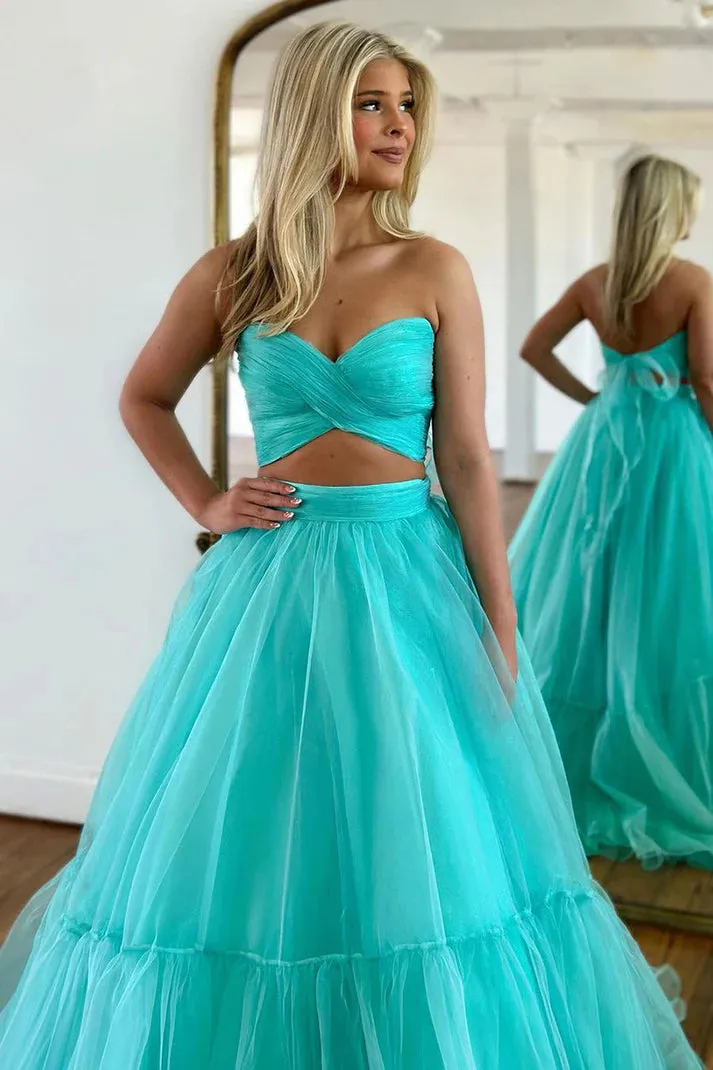 Unique Off Shoulder A-line Mint Green Tulle Prom Long party dress TP1237
