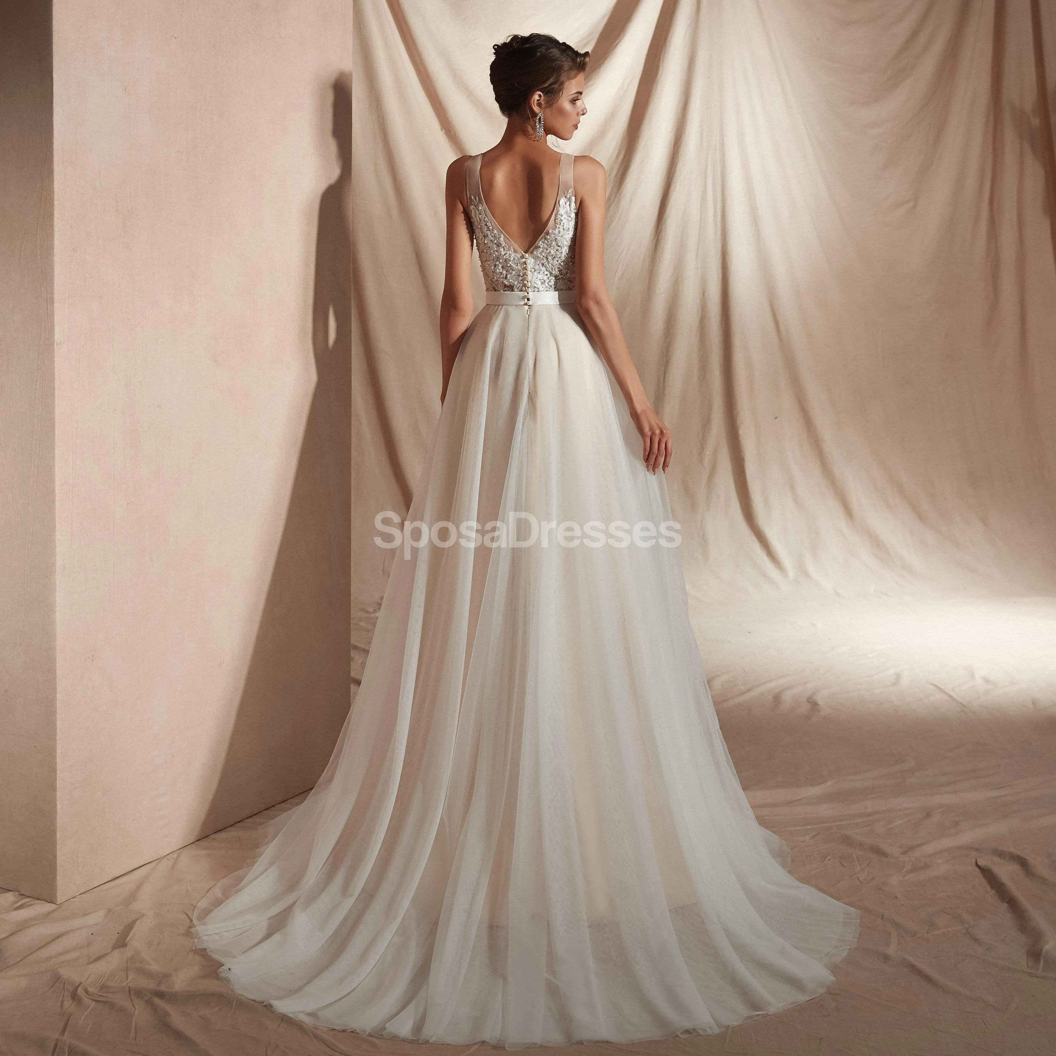 V Neck Lace A-line Cheap Wedding Dresses Online, Unique Bridal Dresses, WD580