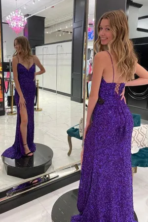 V Neck Sequins Long Prom Dresses Formal Graduation Evening Dresses TP1090