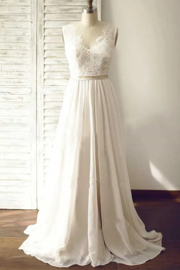 V-neck  Sleeveless Open Back Wedding Dress with Lace Sash PG 200