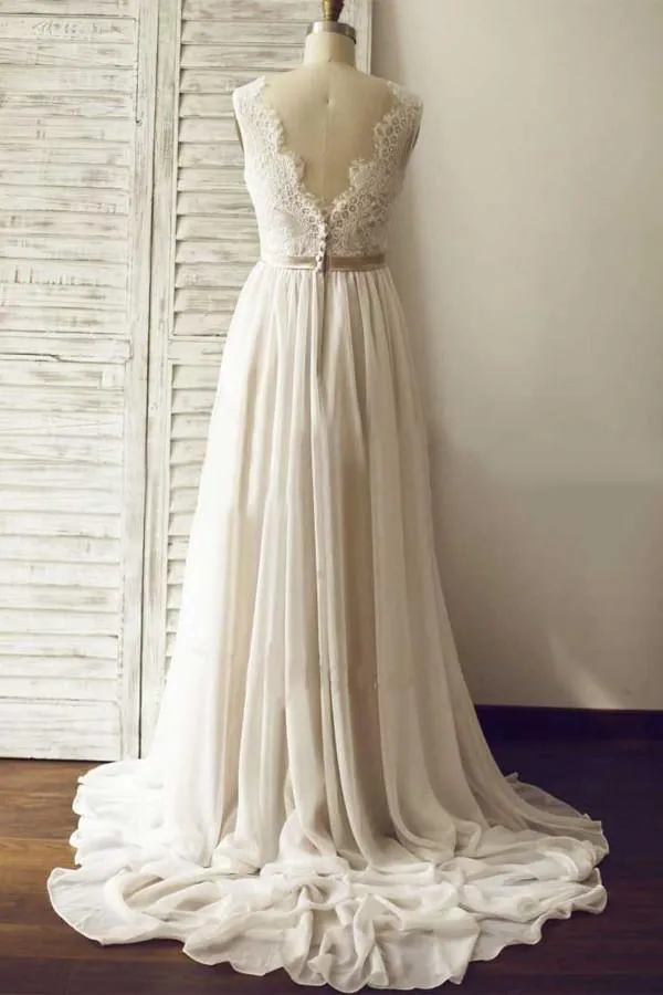 V-neck  Sleeveless Open Back Wedding Dress with Lace Sash PG 200