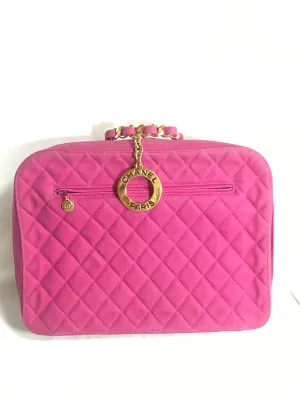 Vintage CHANEL pink canvas business bag style handbag with golden chain handle and a logo charm. Rare and collectible piece.