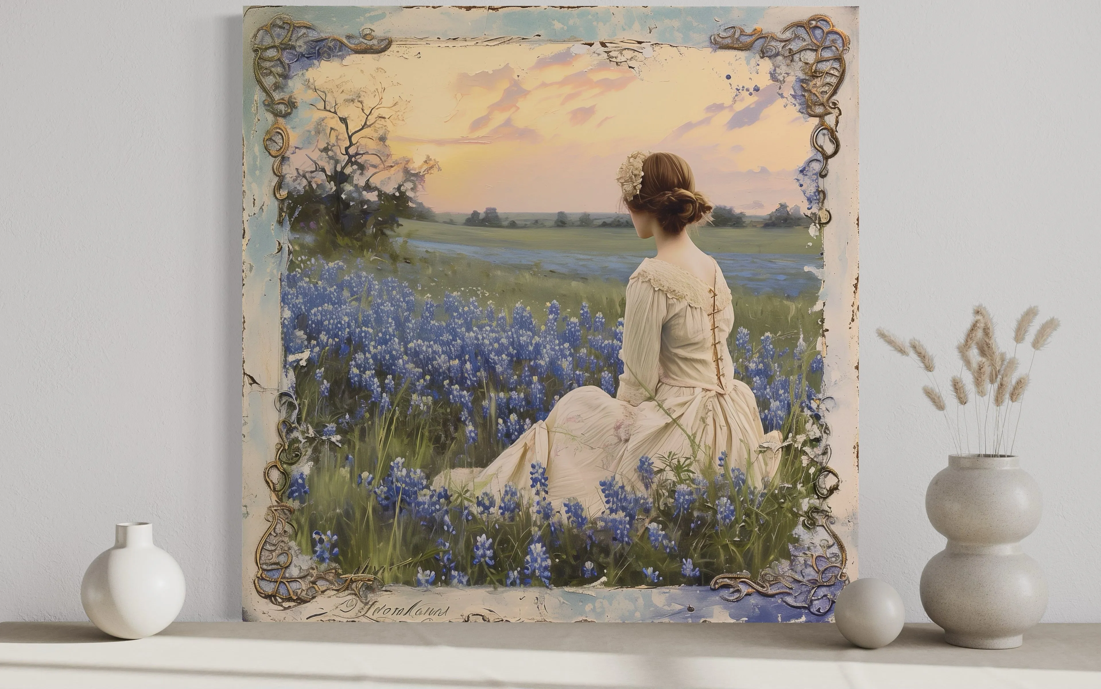 Vintage Lady in Bluebonnet Field Rustic Canvas Wall Art