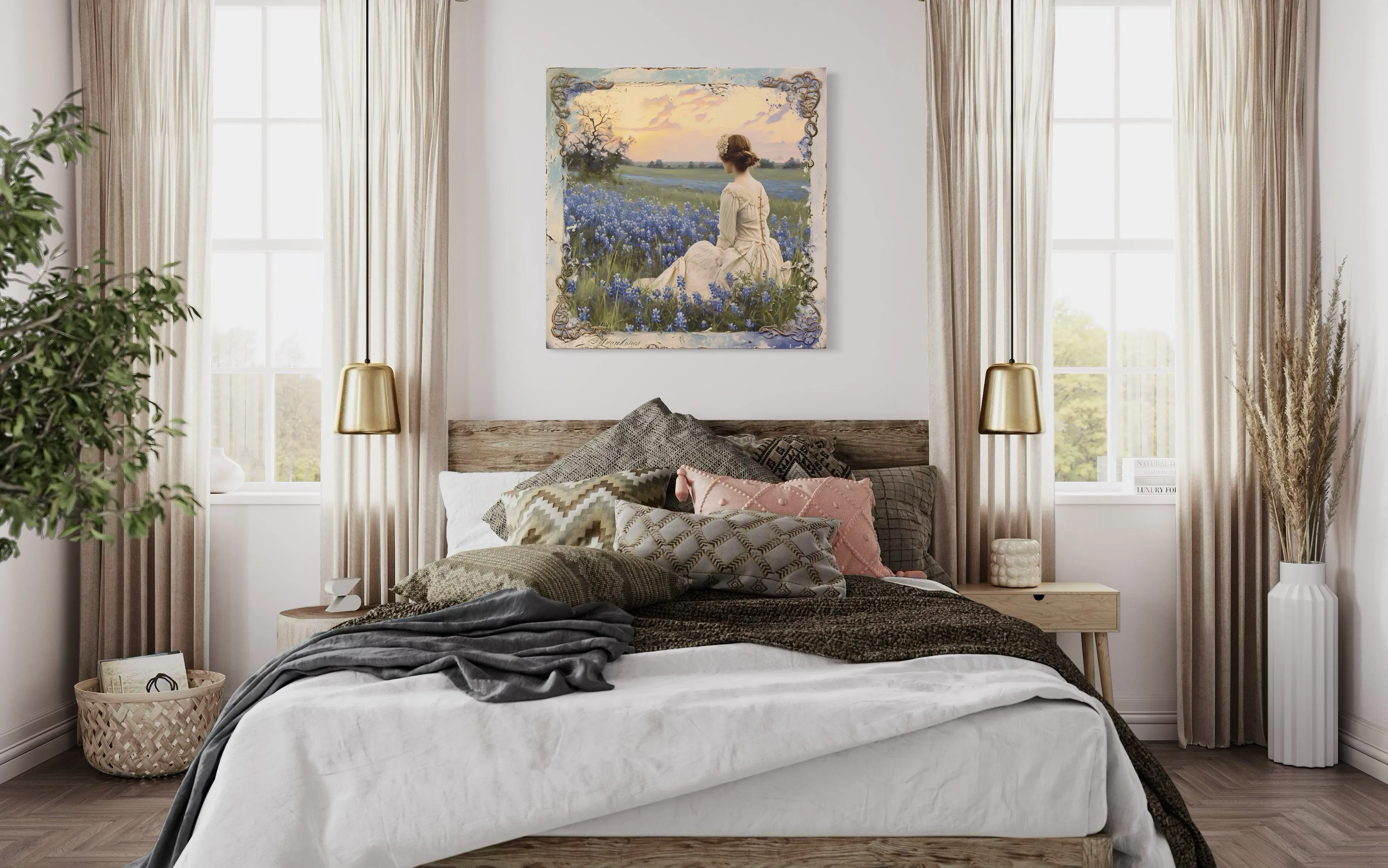 Vintage Lady in Bluebonnet Field Rustic Canvas Wall Art