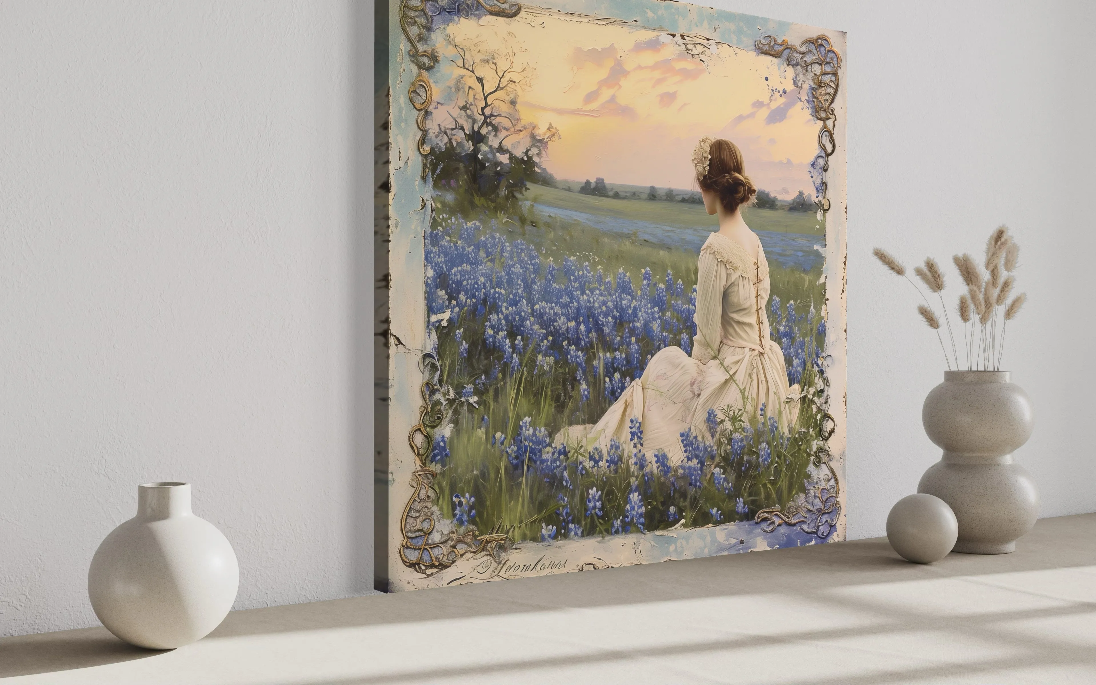 Vintage Lady in Bluebonnet Field Rustic Canvas Wall Art