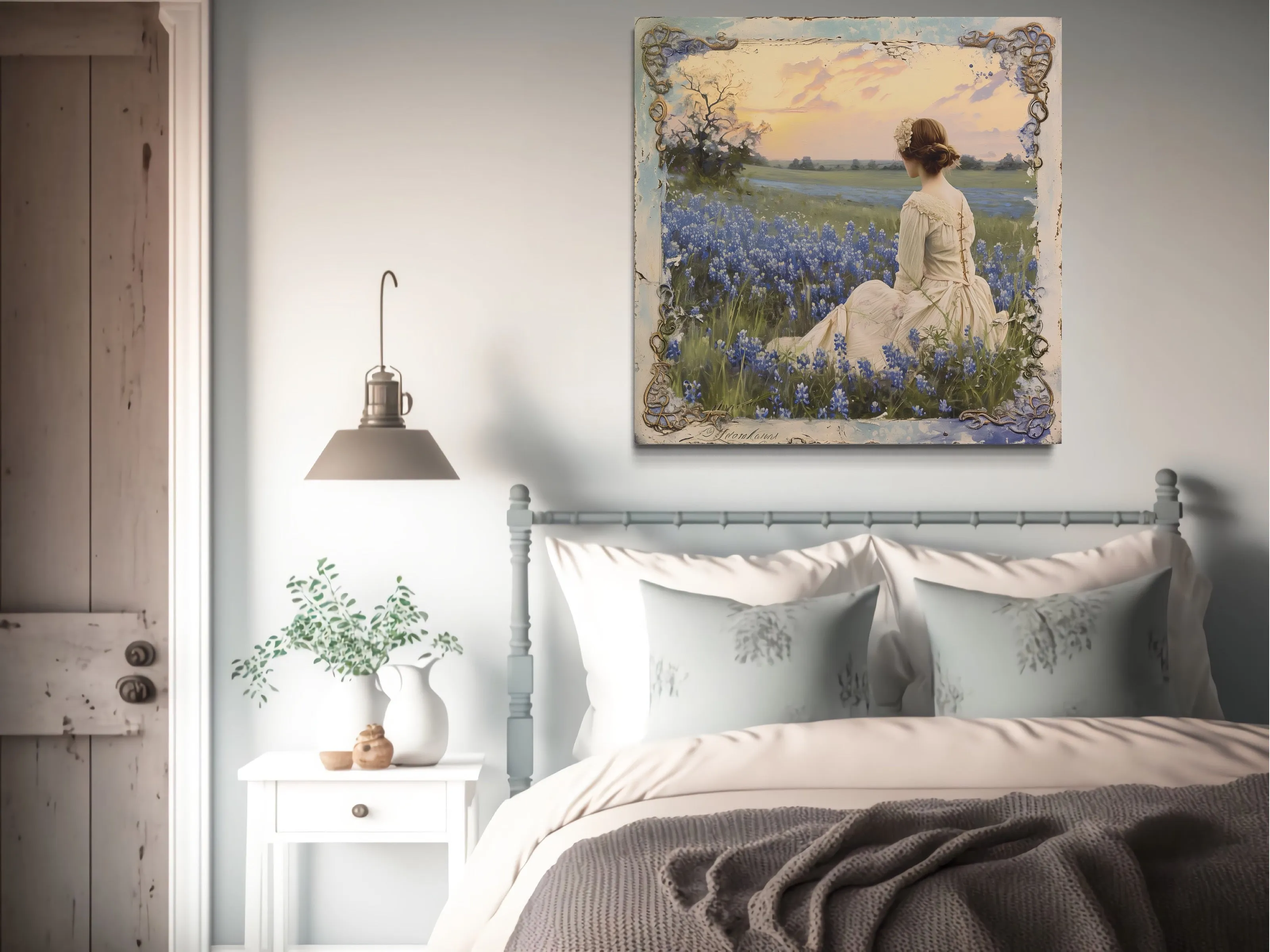 Vintage Lady in Bluebonnet Field Rustic Canvas Wall Art
