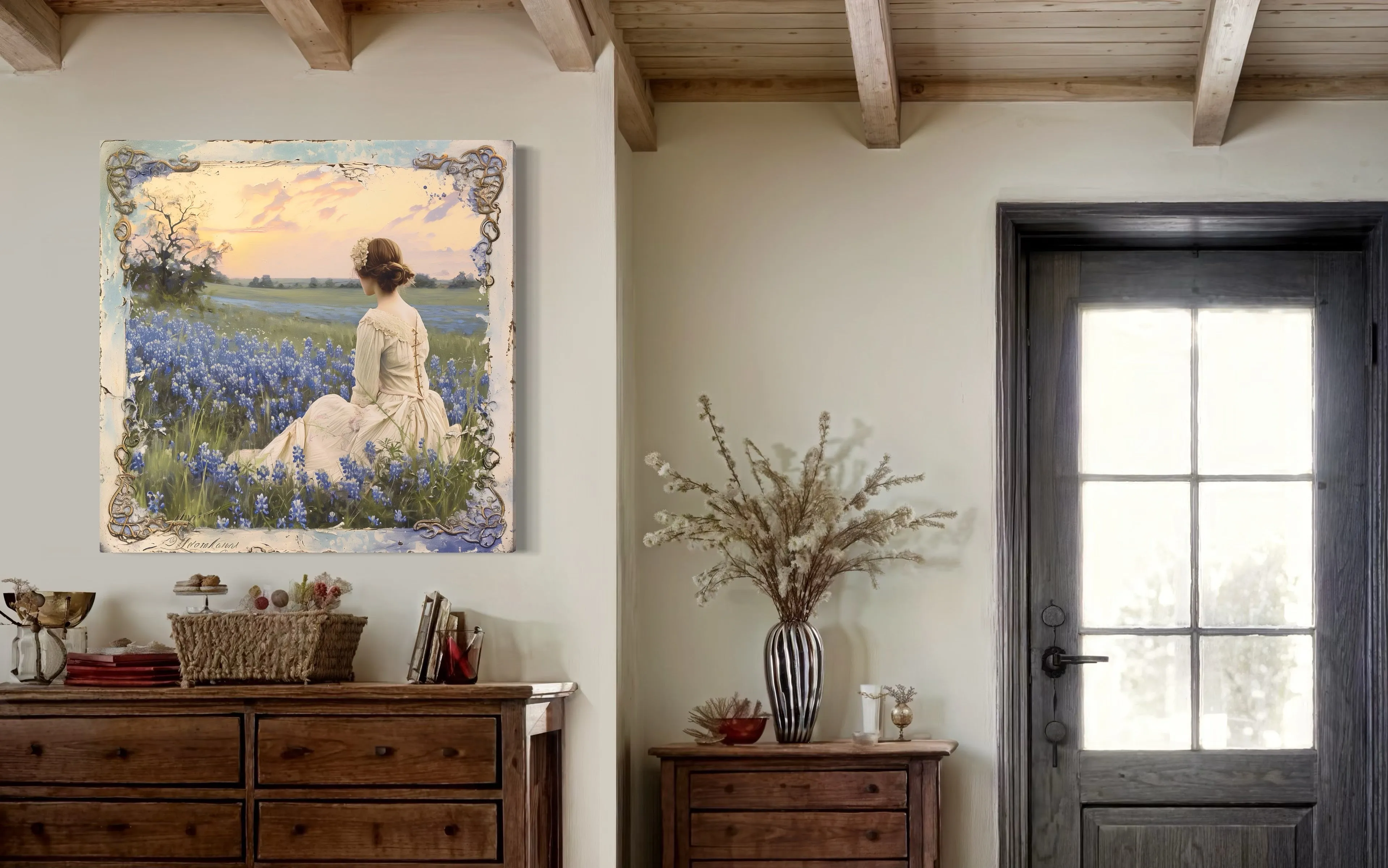 Vintage Lady in Bluebonnet Field Rustic Canvas Wall Art