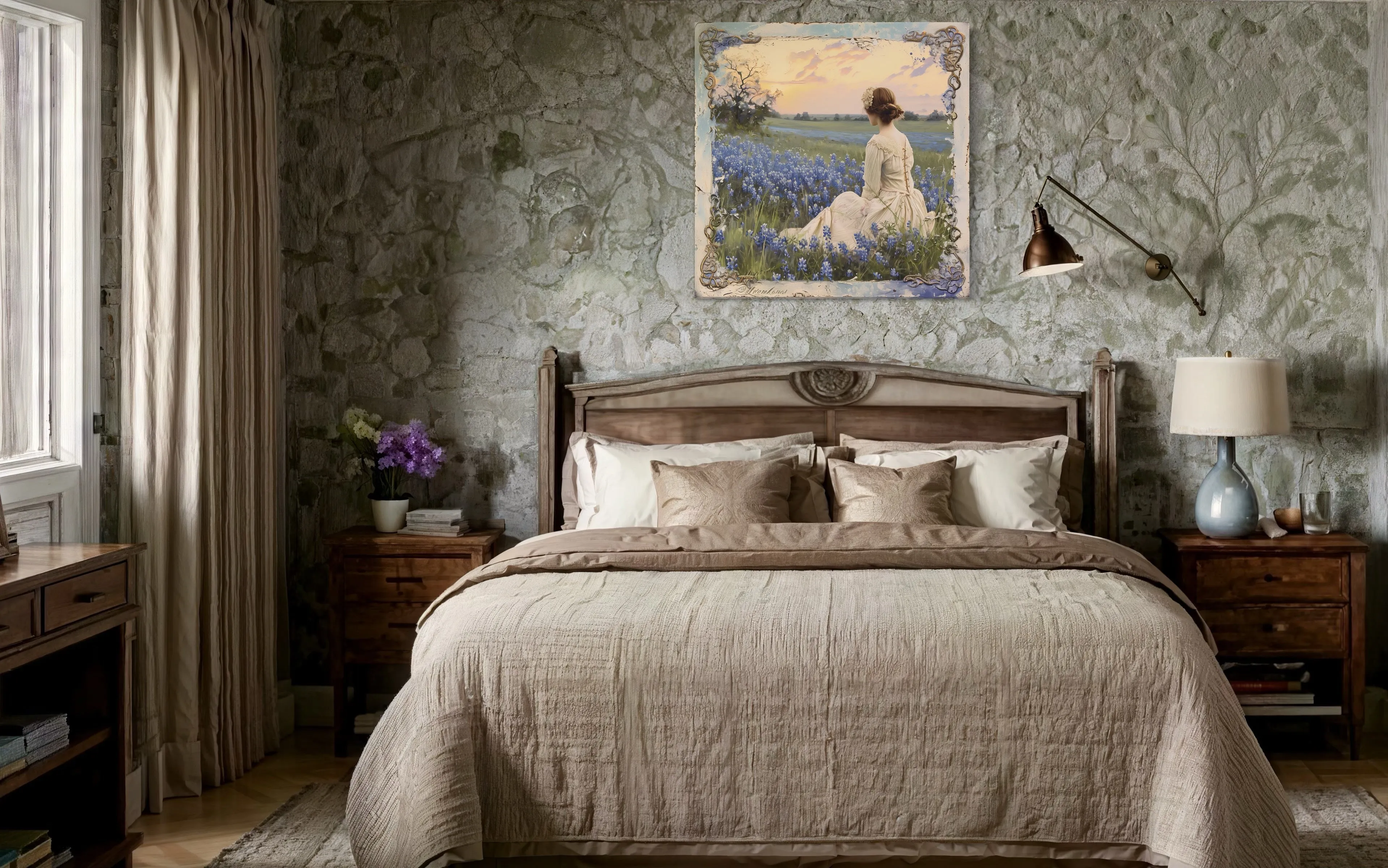 Vintage Lady in Bluebonnet Field Rustic Canvas Wall Art