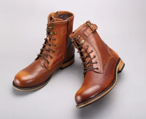 vintage martin boots for men  cowhide geninue leather brown red round toe ankle booties lace up zipper short boot man outdoor