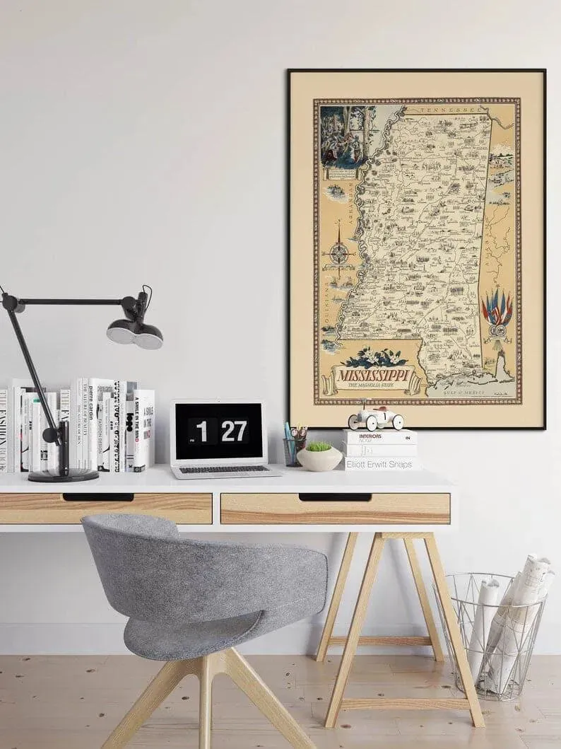 Vintage Mississippi Map Print| Mississippi Canvas Wall Art