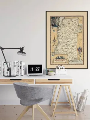 Vintage Mississippi Map Print| Mississippi Canvas Wall Art