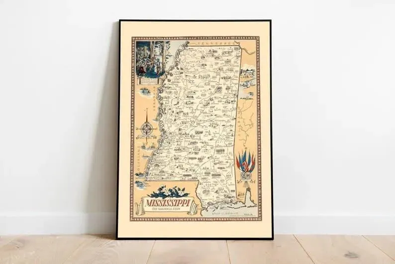 Vintage Mississippi Map Print| Mississippi Canvas Wall Art