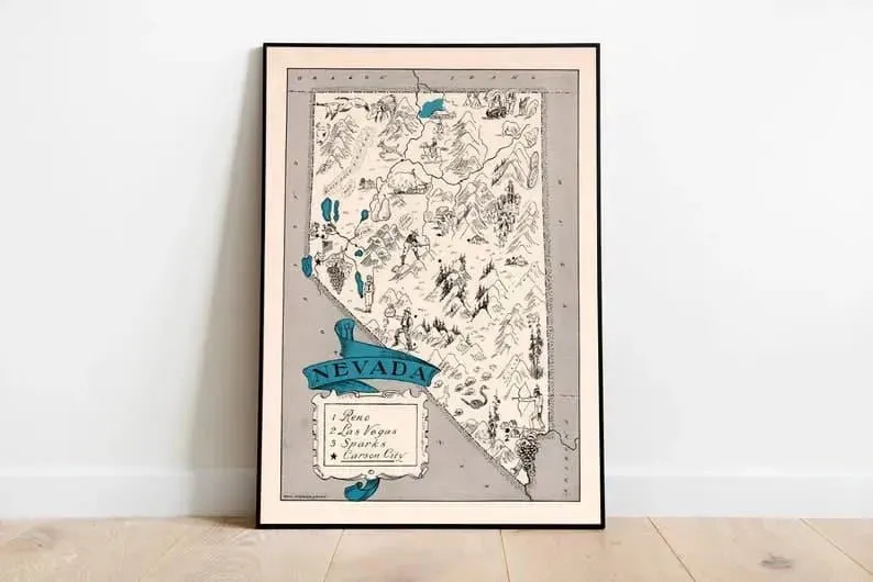 Vintage Nevada Map Print| Nevada Canvas Wall Art