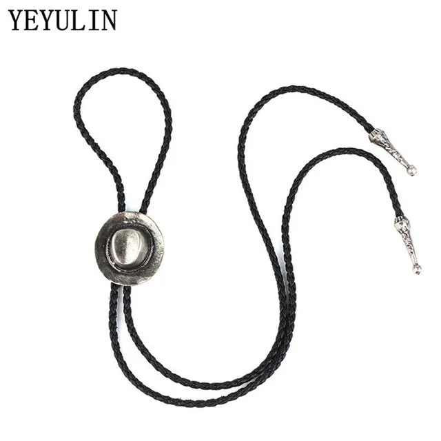 Vintage Style Cowboy Hat With Bone Charms Pendant Necklace Soft PU Leather Chain Sweater Necklace Accessories For Woman