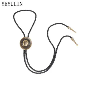 Vintage Style Cowboy Hat With Bone Charms Pendant Necklace Soft PU Leather Chain Sweater Necklace Accessories For Woman