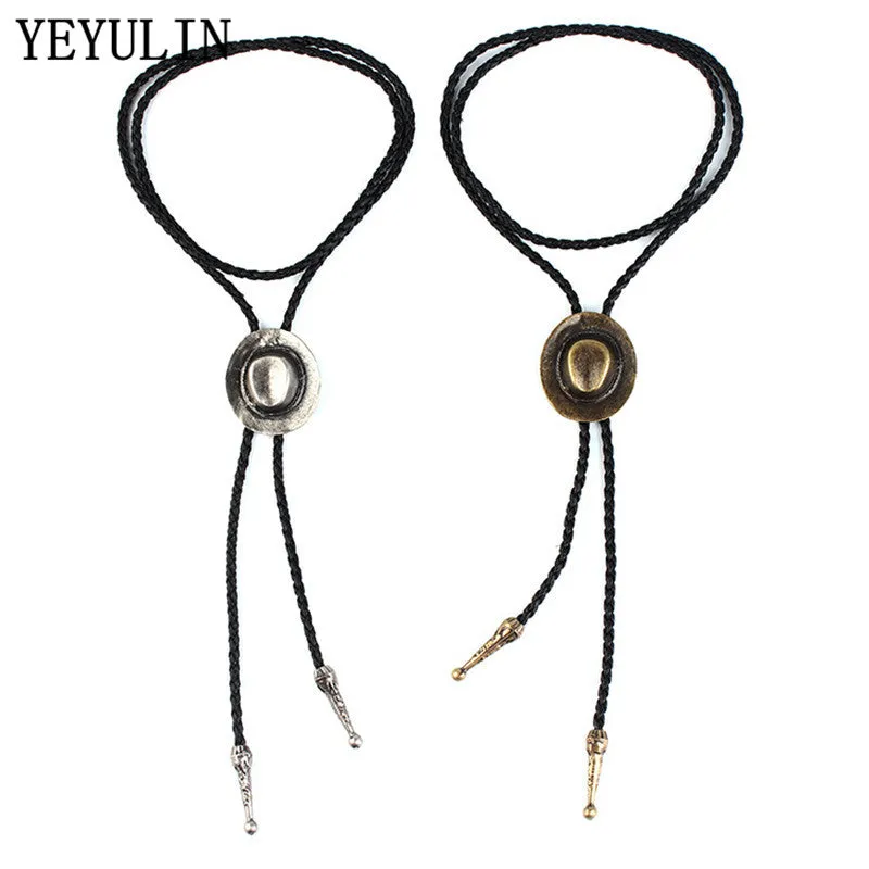 Vintage Style Cowboy Hat With Bone Charms Pendant Necklace Soft PU Leather Chain Sweater Necklace Accessories For Woman