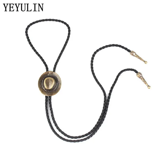 Vintage Style Cowboy Hat With Bone Charms Pendant Necklace Soft PU Leather Chain Sweater Necklace Accessories For Woman