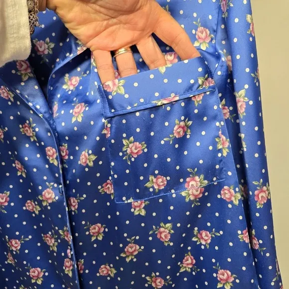 Vintage Y2K Victorias Secret 2 Piece Pajama Pants Set Medium Blue Floral Satin