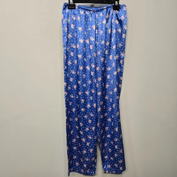 Vintage Y2K Victorias Secret 2 Piece Pajama Pants Set Medium Blue Floral Satin
