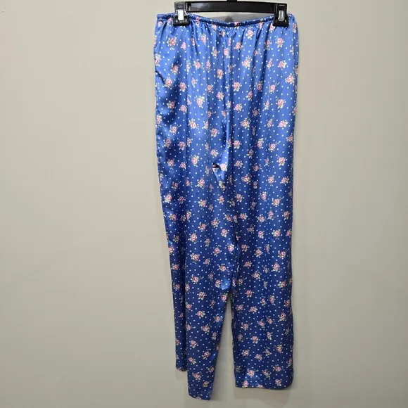 Vintage Y2K Victorias Secret 2 Piece Pajama Pants Set Medium Blue Floral Satin