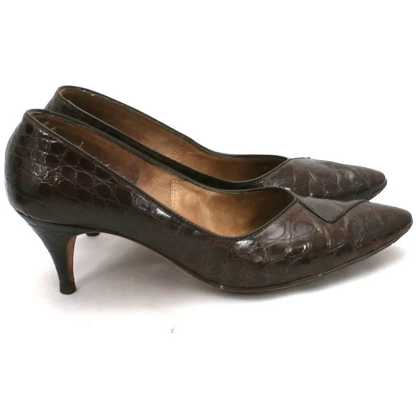 VTG 1950s Shoes  Alligator Pumps Heels Troylings Brown Womens Size 6 M 1960S
