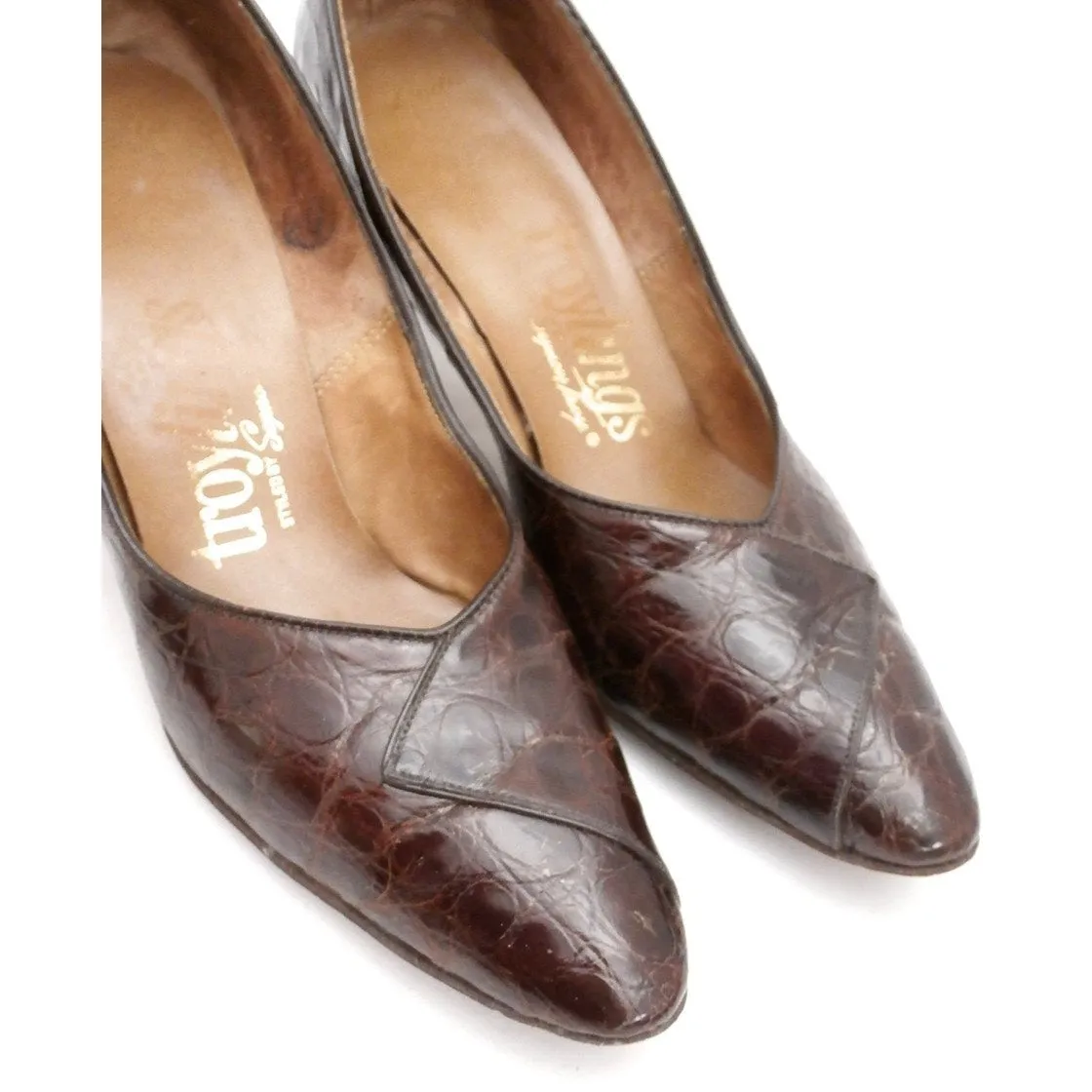 VTG 1950s Shoes  Alligator Pumps Heels Troylings Brown Womens Size 6 M 1960S
