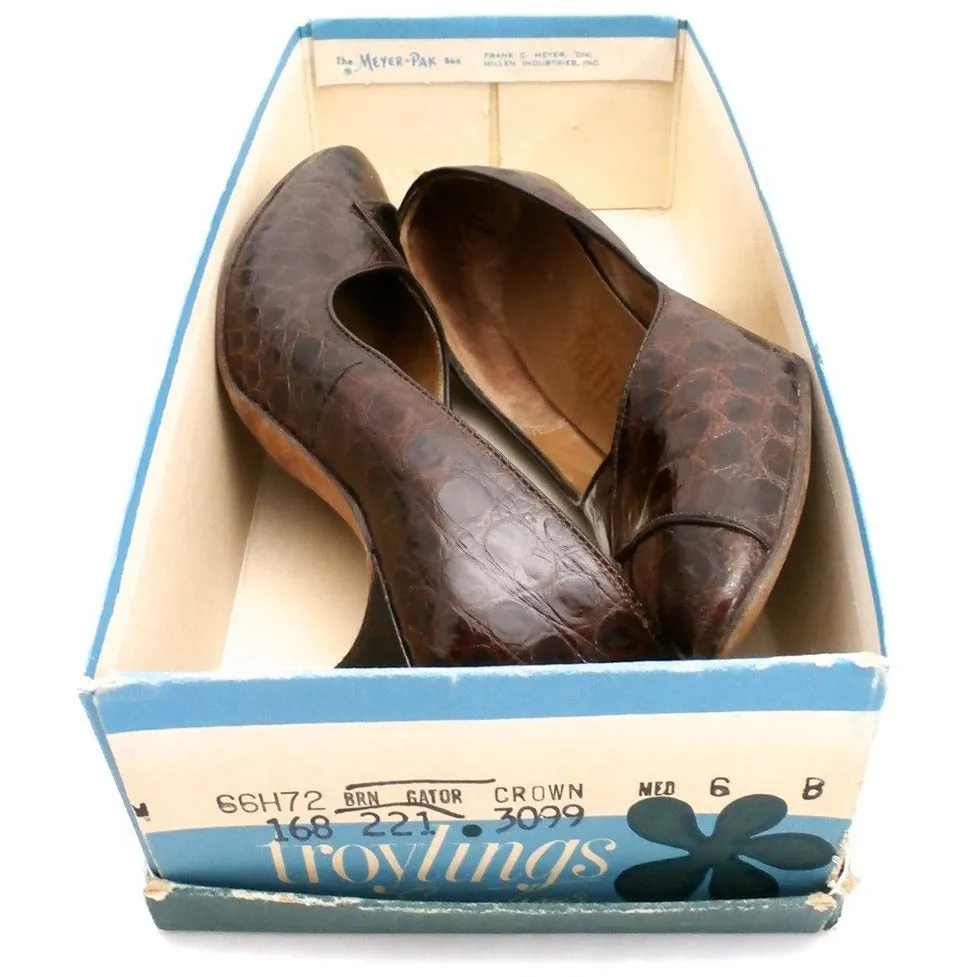 VTG 1950s Shoes  Alligator Pumps Heels Troylings Brown Womens Size 6 M 1960S
