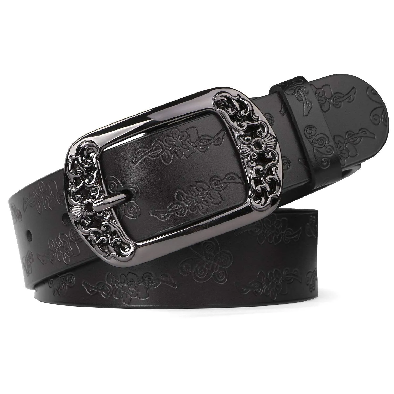 Western Fashion Leather Belts For Women With Vintage Hollow Flower Buckle
