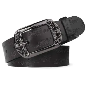 Western Fashion Leather Belts For Women With Vintage Hollow Flower Buckle