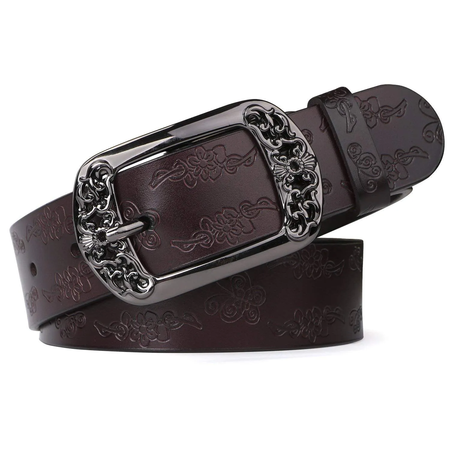 Western Fashion Leather Belts For Women With Vintage Hollow Flower Buckle