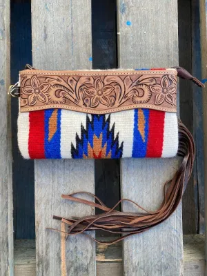 White Navajo Blanket Clutch with Tooled Leather