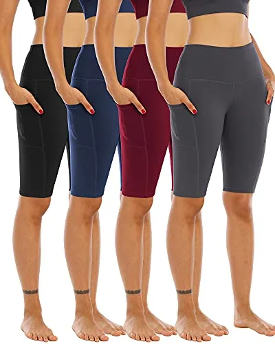 WHOUARE 4 Pack Biker Yoga Shorts with Pockets for Women, High Waisted Tummy Control Workout Shorts,Black,Navy,Dark Gray,Burgundy,L
