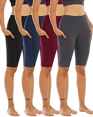 WHOUARE 4 Pack Biker Yoga Shorts with Pockets for Women, High Waisted Tummy Control Workout Shorts,Black,Navy,Dark Gray,Burgundy,L