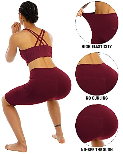 WHOUARE 4 Pack Biker Yoga Shorts with Pockets for Women, High Waisted Tummy Control Workout Shorts,Black,Navy,Dark Gray,Burgundy,L