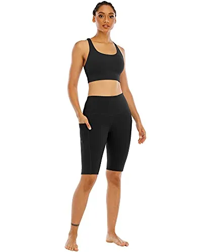 WHOUARE 4 Pack Biker Yoga Shorts with Pockets for Women, High Waisted Tummy Control Workout Shorts,Black,Navy,Dark Gray,Burgundy,L
