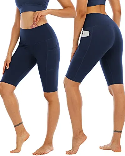 WHOUARE 4 Pack Biker Yoga Shorts with Pockets for Women, High Waisted Tummy Control Workout Shorts,Black,Navy,Dark Gray,Burgundy,L