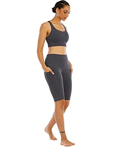WHOUARE 4 Pack Biker Yoga Shorts with Pockets for Women, High Waisted Tummy Control Workout Shorts,Black,Navy,Dark Gray,Burgundy,L