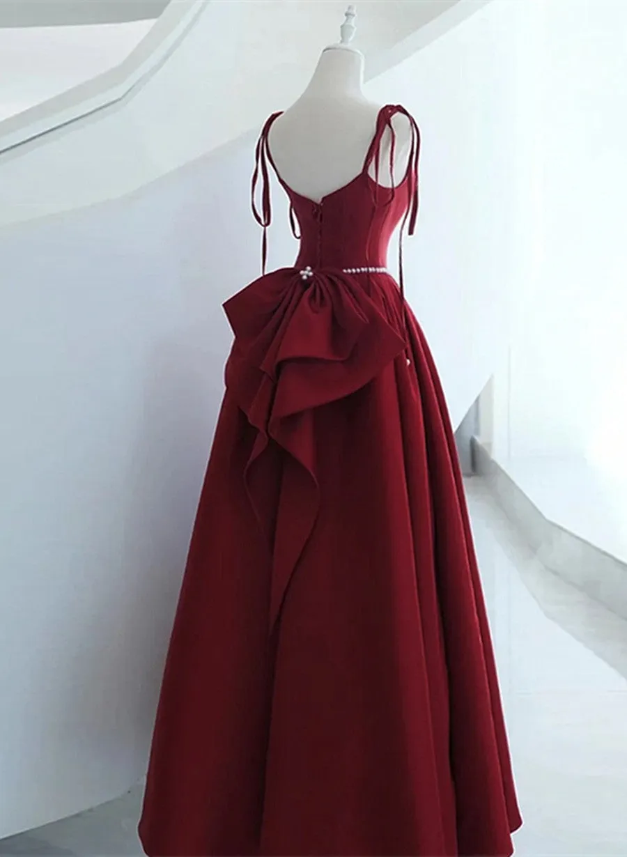 Wine Red Satin Long Formal Dress, Lace-up Fashion Straps Junior Prom Dress