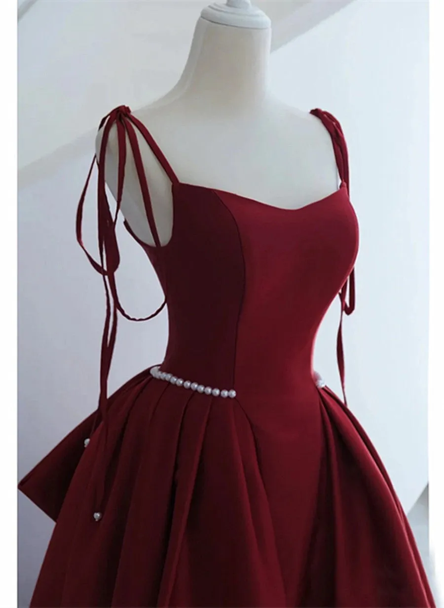 Wine Red Satin Long Formal Dress, Lace-up Fashion Straps Junior Prom Dress