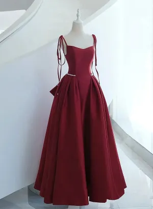 Wine Red Satin Long Formal Dress, Lace-up Fashion Straps Junior Prom Dress