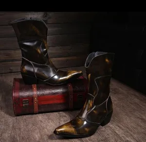 Winter Autumn Men Genuine Leather Long Boots Brown Pointed Toe Cowboy Mid Calf Boots Man Western Middle Boots