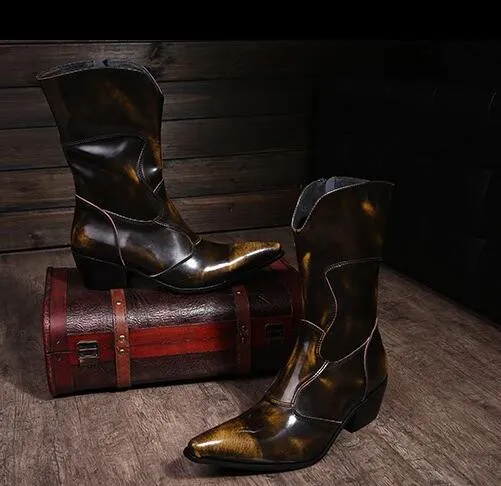 Winter Autumn Men Genuine Leather Long Boots Brown Pointed Toe Cowboy Mid Calf Boots Man Western Middle Boots